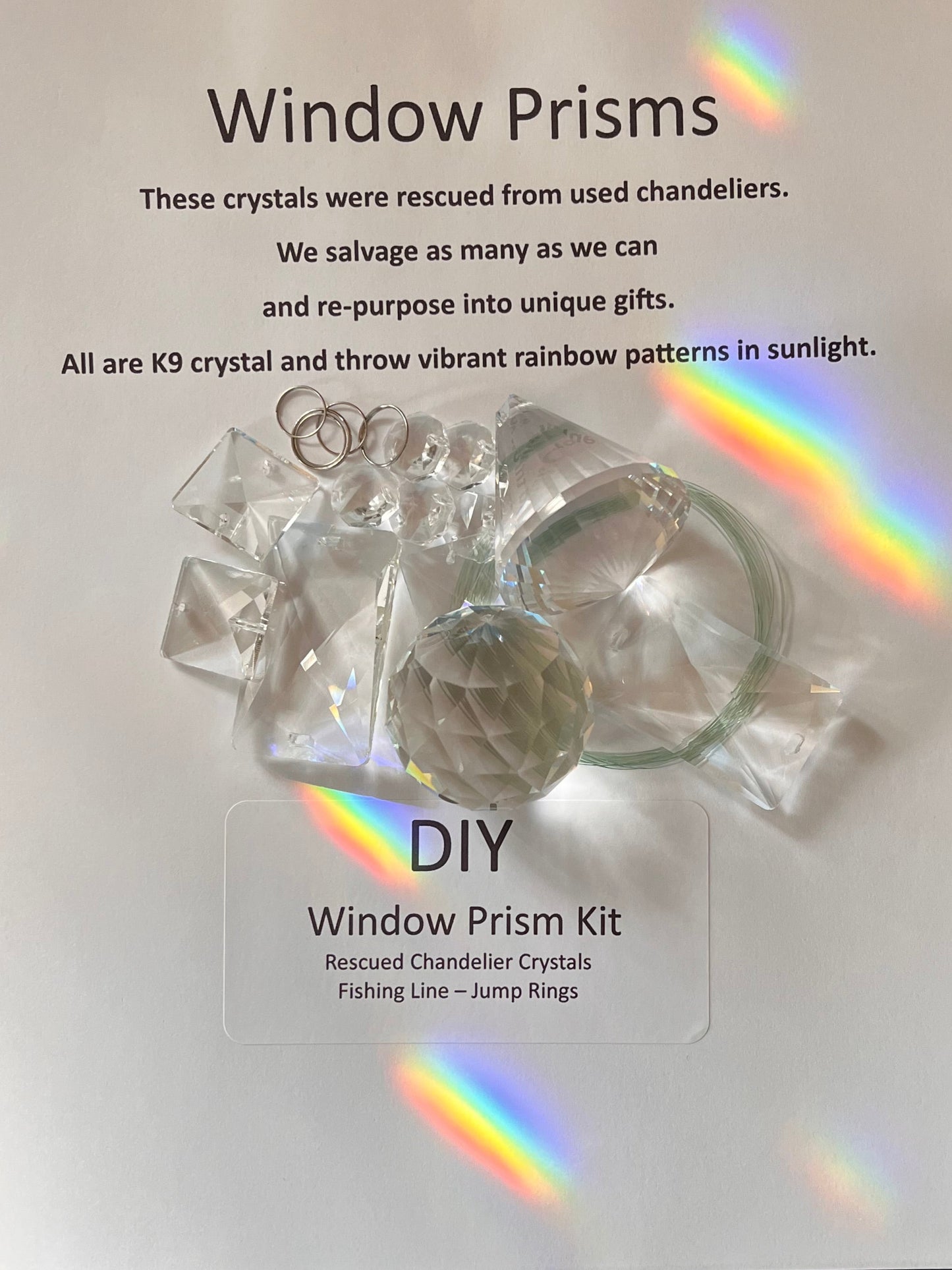 individually packaged prism suncatcher kits with string and jump rings